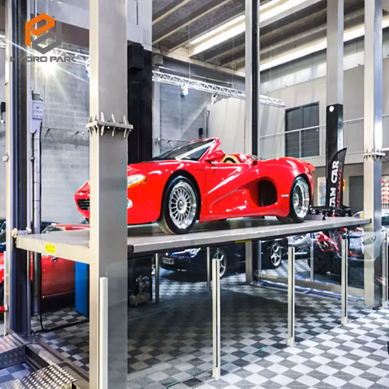 Ascenseur vertical d'ascenseur de convoyeur de double voiture de cargaison de quatre poteaux pour l'ascenseur de stationnement de voiture d'entrepôt de bâtiment